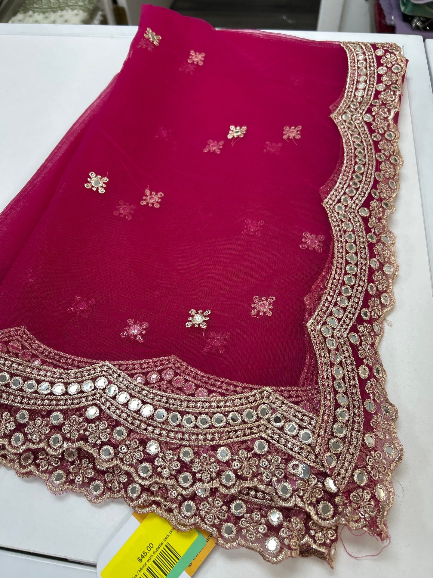 Mirror work dupatta: dark pink by Kurti Connection USA