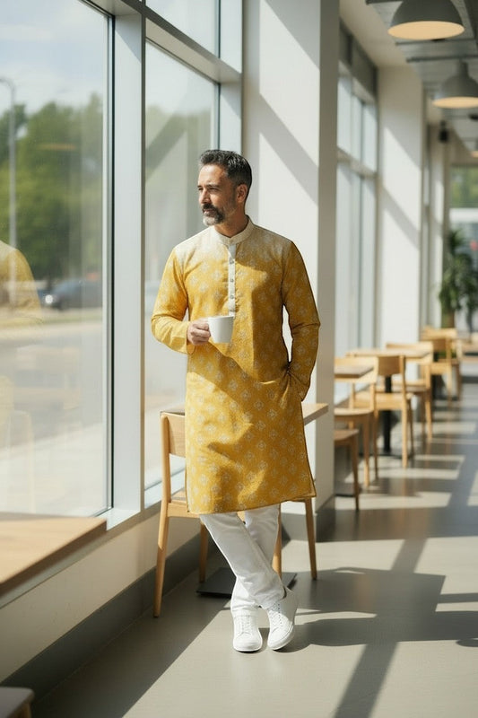 House Of Indian Wedding Attire men's yellow cotton kurta pajama set with white pants and subtle floral print.
