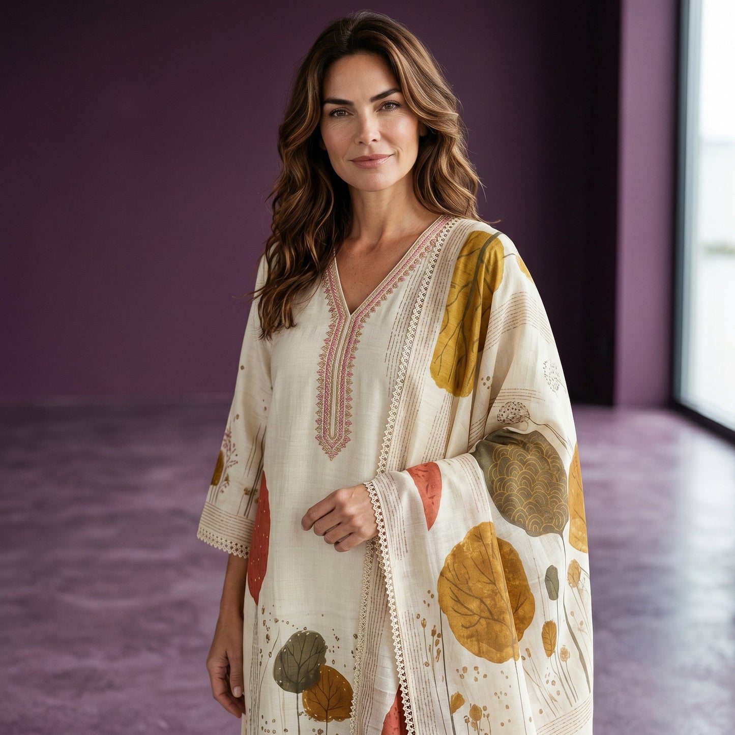 Kurti Connection USA cream botanical print kurta set with dupatta and trousers, featuring V-neck and lace trim.