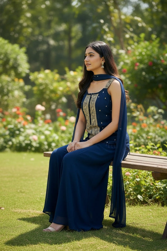 Kurti Connection USA navy blue georgette blend sleeveless palazzo suit with gold embroidery on yoke and matching scarf.