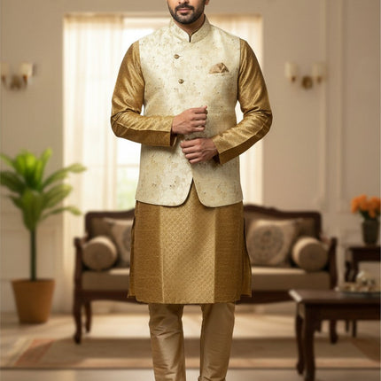 Kurti Connection USA men's gold kurta jacket set with a cream floral Nehru jacket and matching gold trousers.