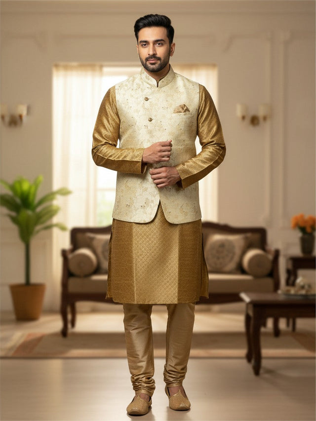 Kurti Connection USA men's gold kurta jacket set with a cream floral Nehru jacket and matching gold trousers.