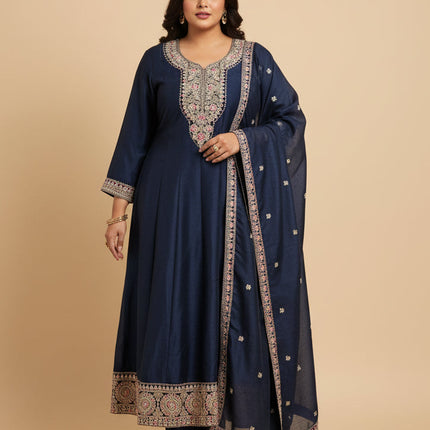 Kurti Connection USA navy blue embroidered kurti set with matching dupatta and trousers on a model