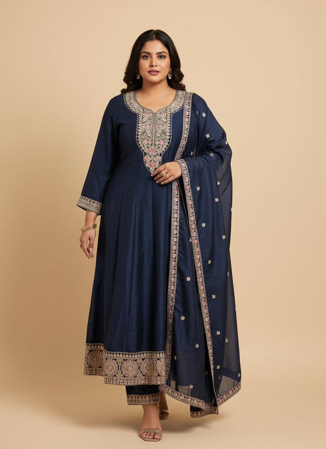 Kurti Connection USA navy blue embroidered kurti set with matching dupatta and trousers on a model