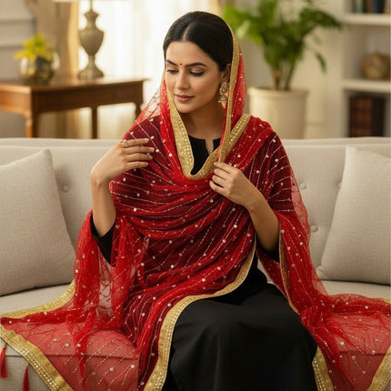 Kurti Connection USA red net dupatta with gold border, sequin embroidery, and tassels draped over a woman's head.