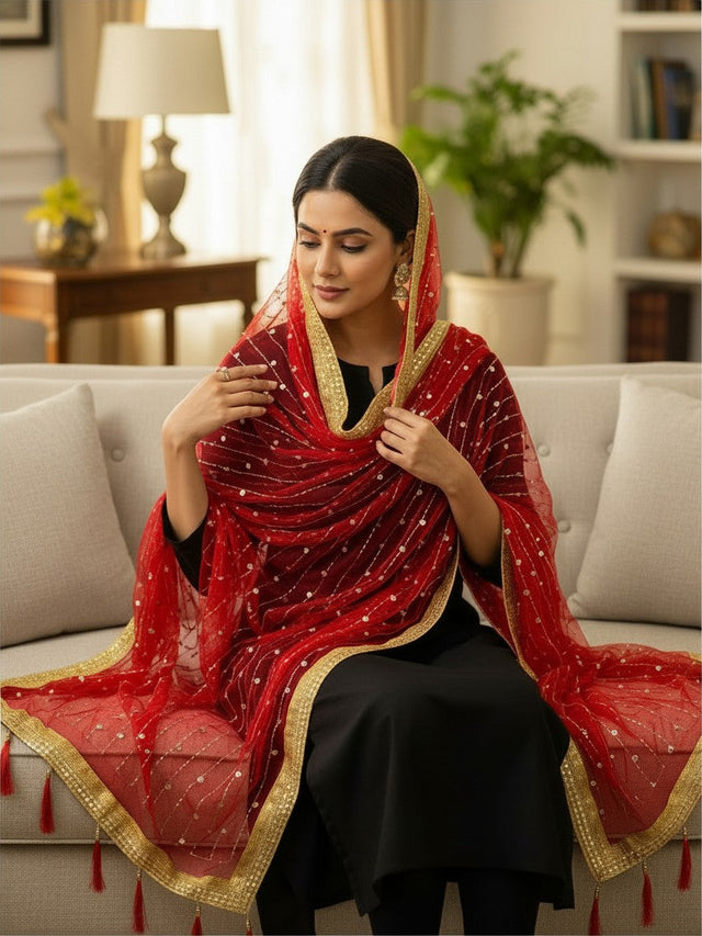 Kurti Connection USA red net dupatta with gold border, sequin embroidery, and tassels draped over a woman's head.