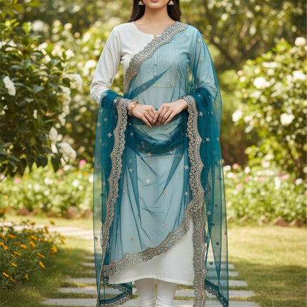 Kurti Connection USA teal blue sheer dupatta with intricate mirror work and scalloped gold embroidery borders