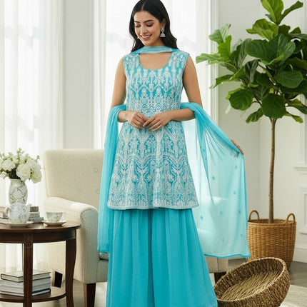 Kurti Connection USA turquoise georgette sleeveless kurti with white embroidery and matching sharara set and dupatta