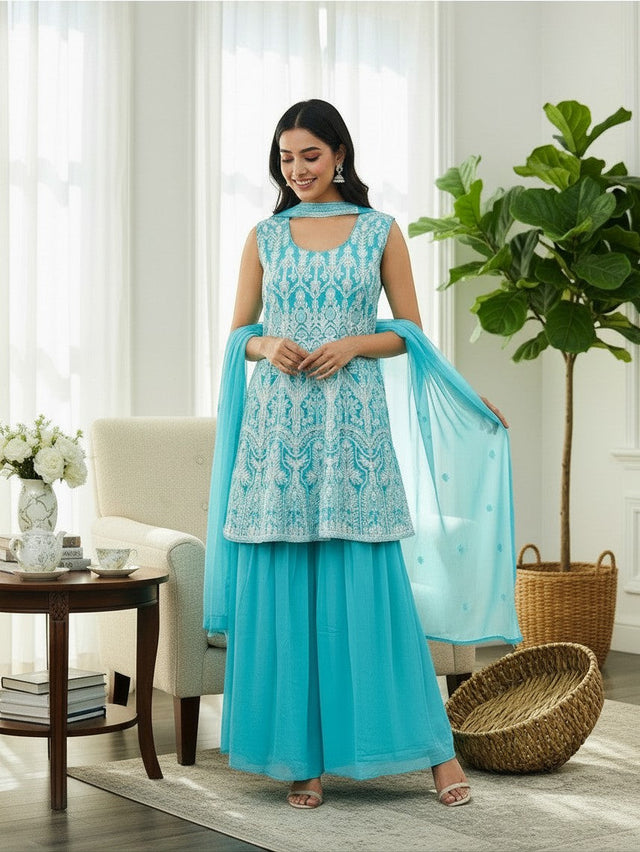 Kurti Connection USA turquoise georgette sleeveless kurti with white embroidery and matching sharara set and dupatta