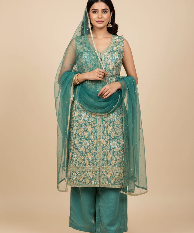 Tissue silk embroidered salwar suit