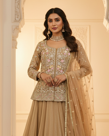Golden lehenga Choli set with long blouse