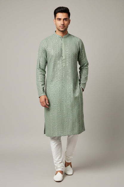 Light green kurta pajama set for men by Kurti Connection USA