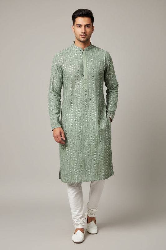 Light green kurta pajama set for men by Kurti Connection USA