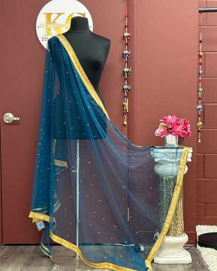 Blue net duppata with heavy lace