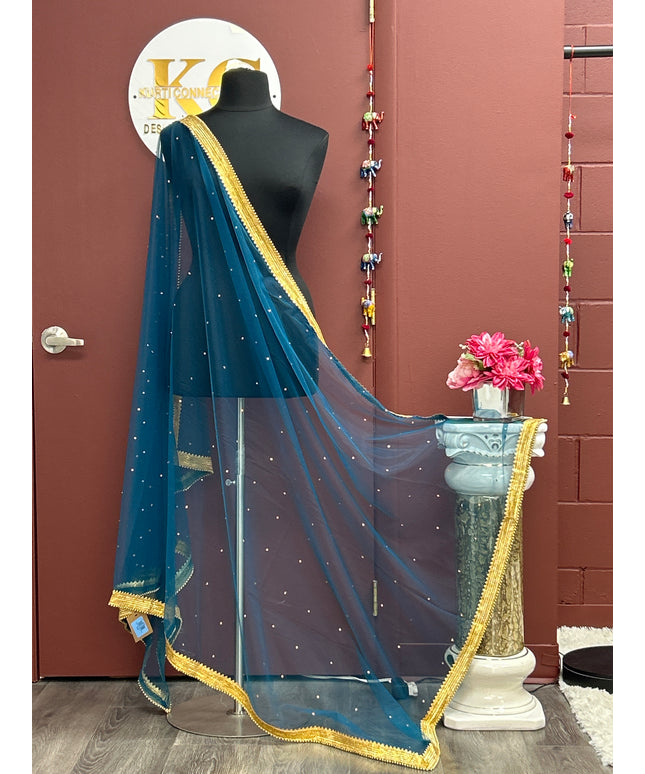 Blue net duppata with heavy lace