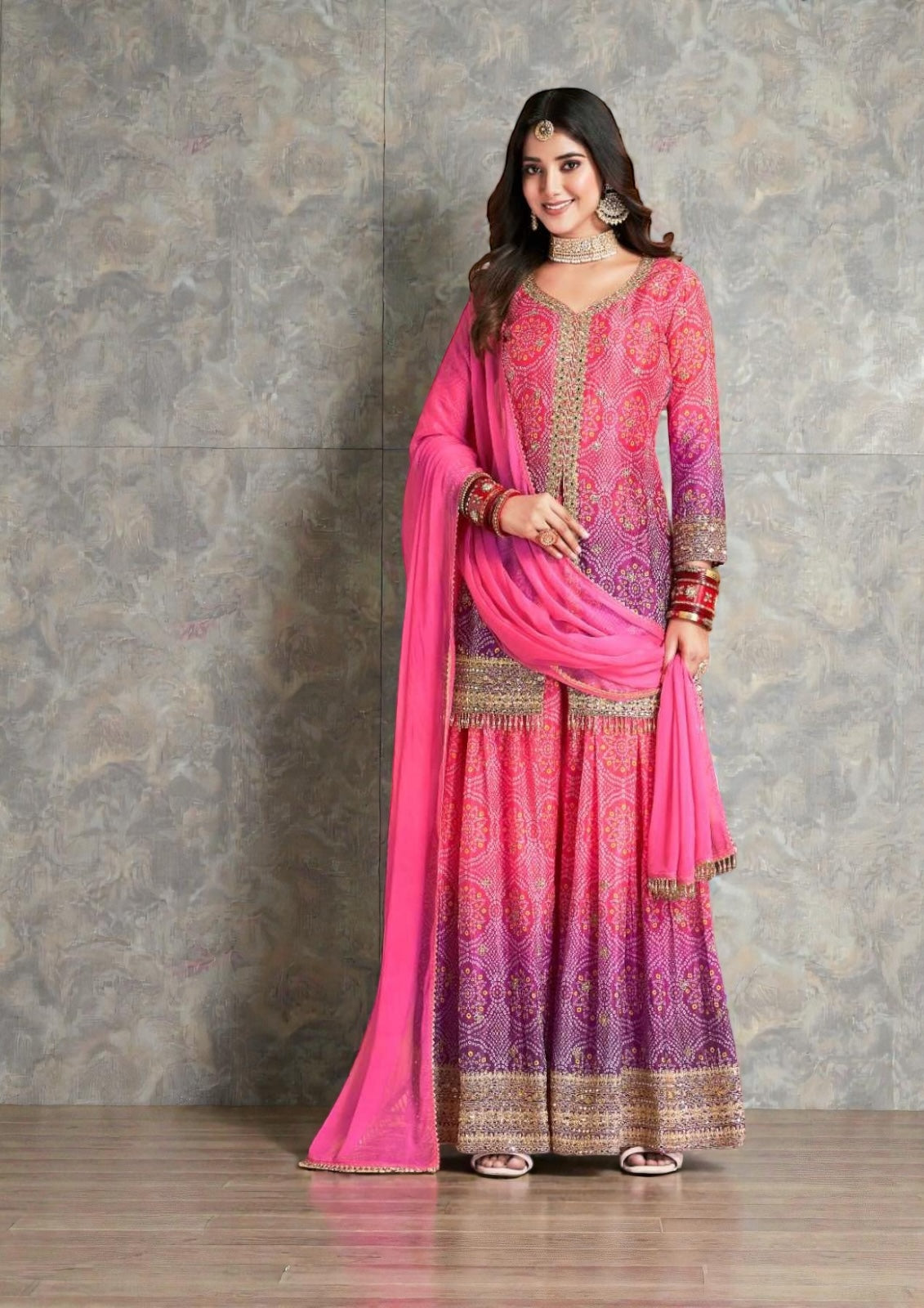 Rangeela : Bandhani silk sharara suits by Kurti Connection USA