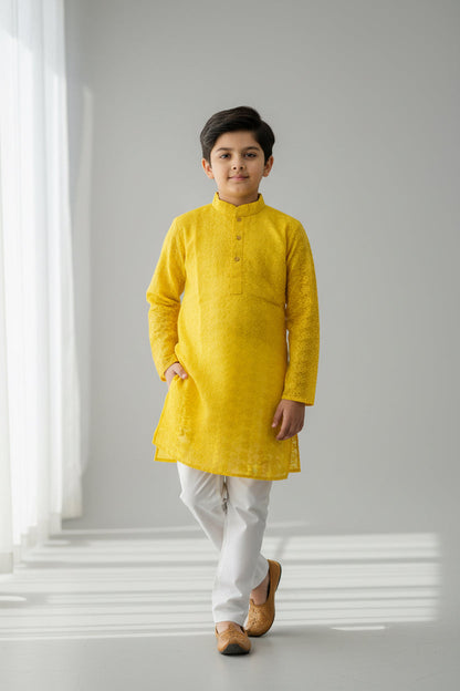 Yellow cotton Kurta set for kids