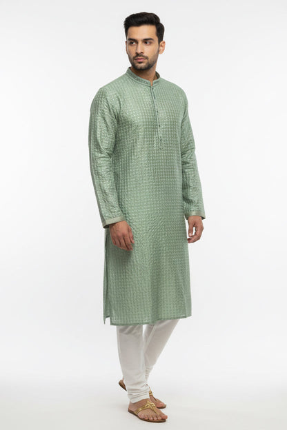 Silk kurta pajama with embroidery and mirror work by Kurti Connection USA