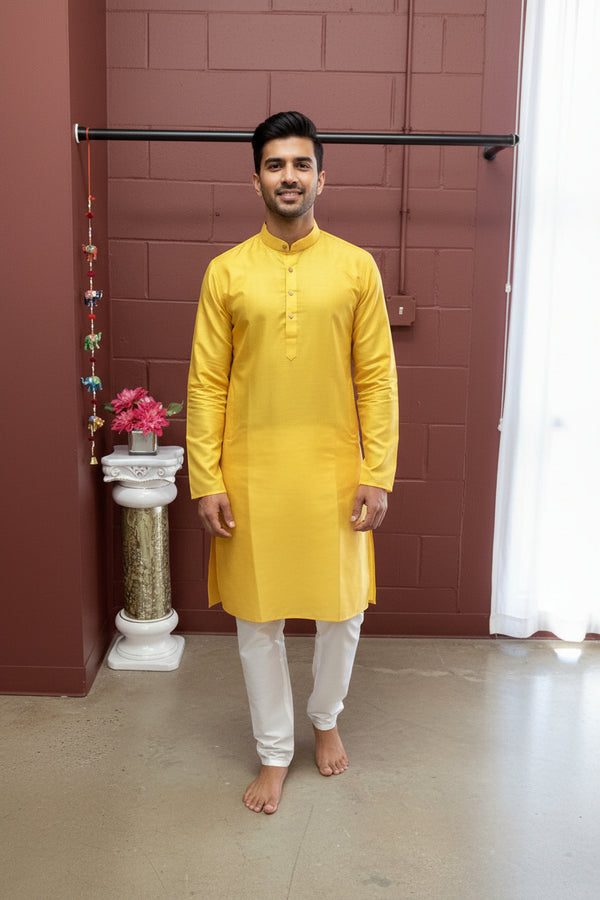 Yellow cotton Kurta With White pant