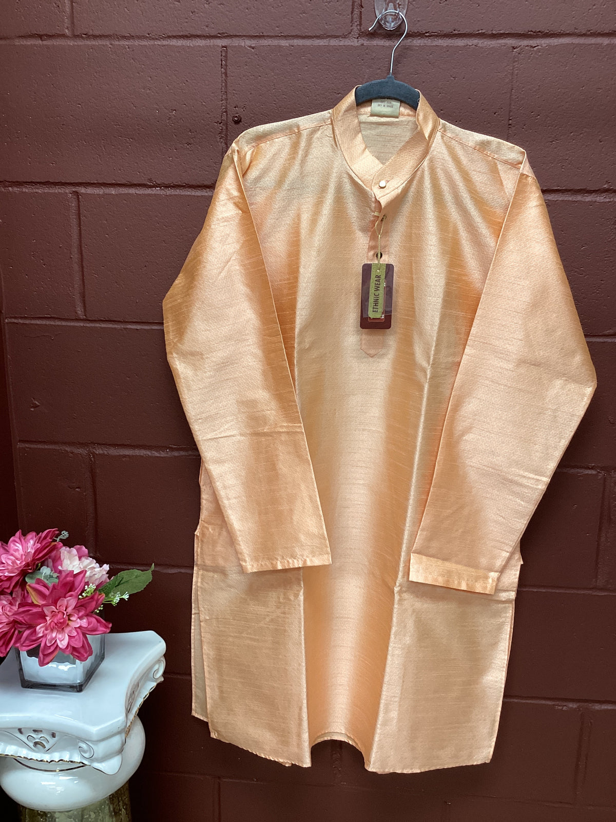 peach mens  kurta with white pant