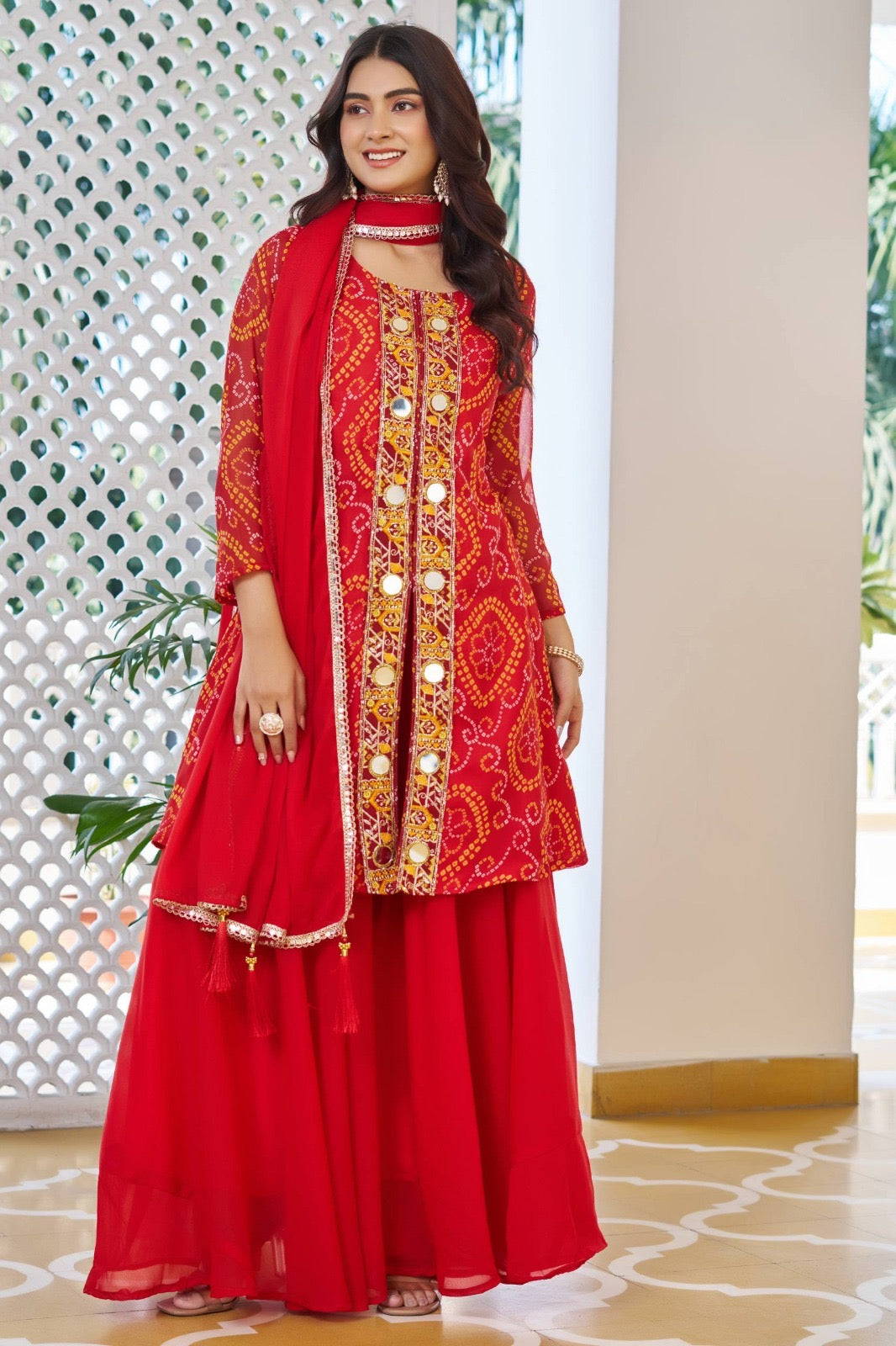 Chiffon Bandhani sharara suit by Kurti Connection USA