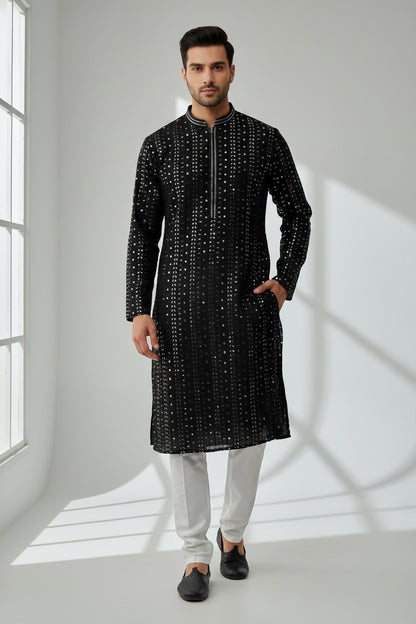 Black mirror work kurta pajama for men by Kurti Connection USA