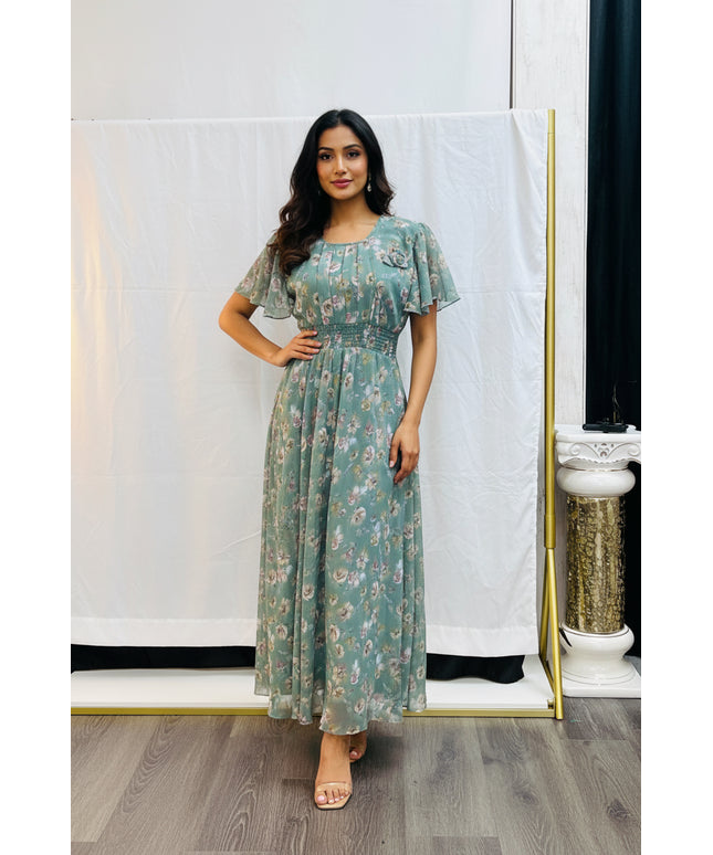 Floral Print Flutter Sleeve Maxi Dress