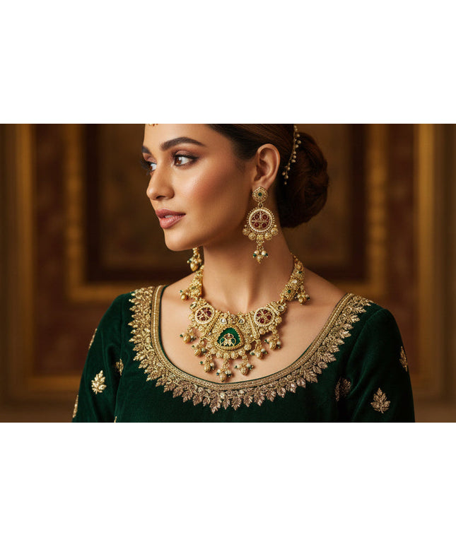 Traditional Antique Gold-Plated Temple Necklace Set with Ruby, Emerald & Pearl Accents