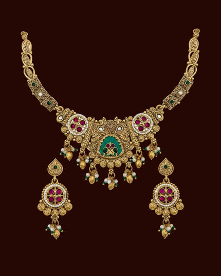 Traditional Antique Gold-Plated Temple Necklace Set with Ruby, Emerald & Pearl Accents