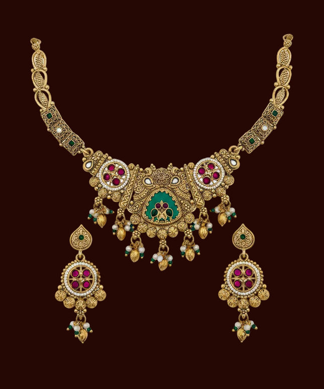 Traditional Antique Gold-Plated Temple Necklace Set with Ruby, Emerald & Pearl Accents