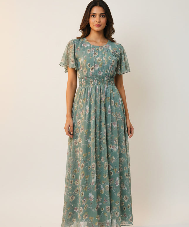 Floral Print Flutter Sleeve Maxi Dress