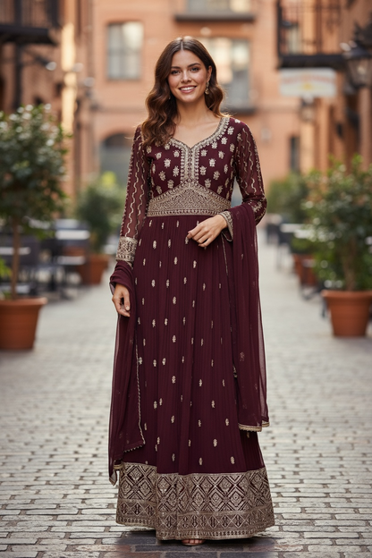 Party wear long gown : wine color by Kurti Connection USA