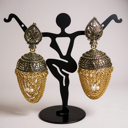 Antique gold finish jhumki earrings by Kurti Connection USA