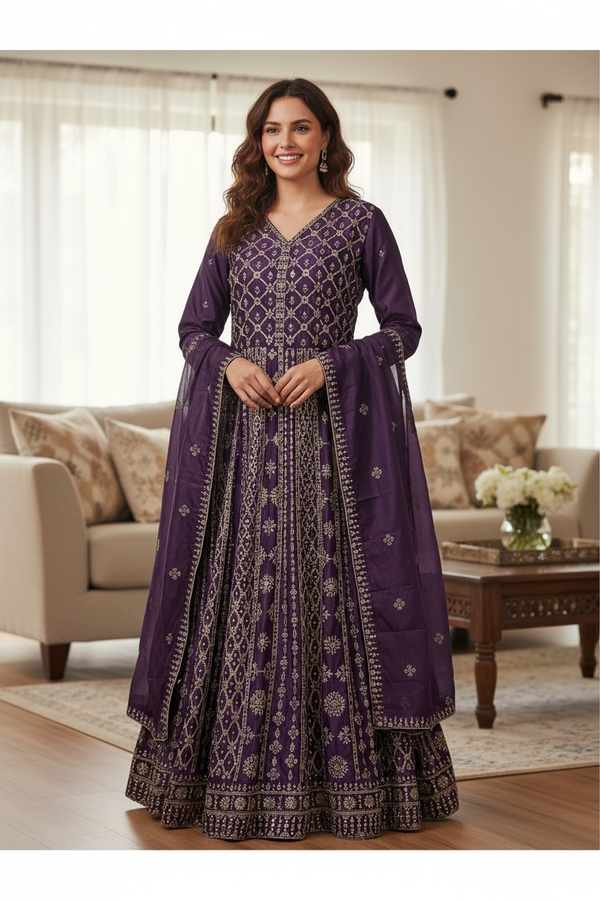 Heavy party wear Chinon silk gown/ Anarkali dress by Kurti Connection USA