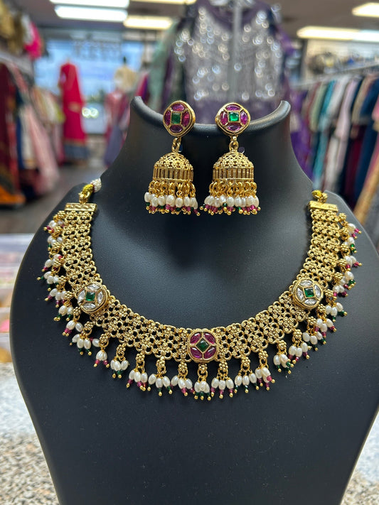 Gold polished necklace set by Kurti Connection USA