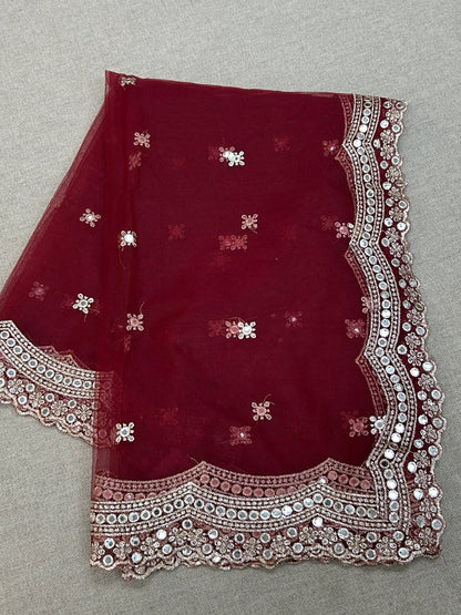 Fancy net dupatta: maroon with light gold work by Kurti Connection USA