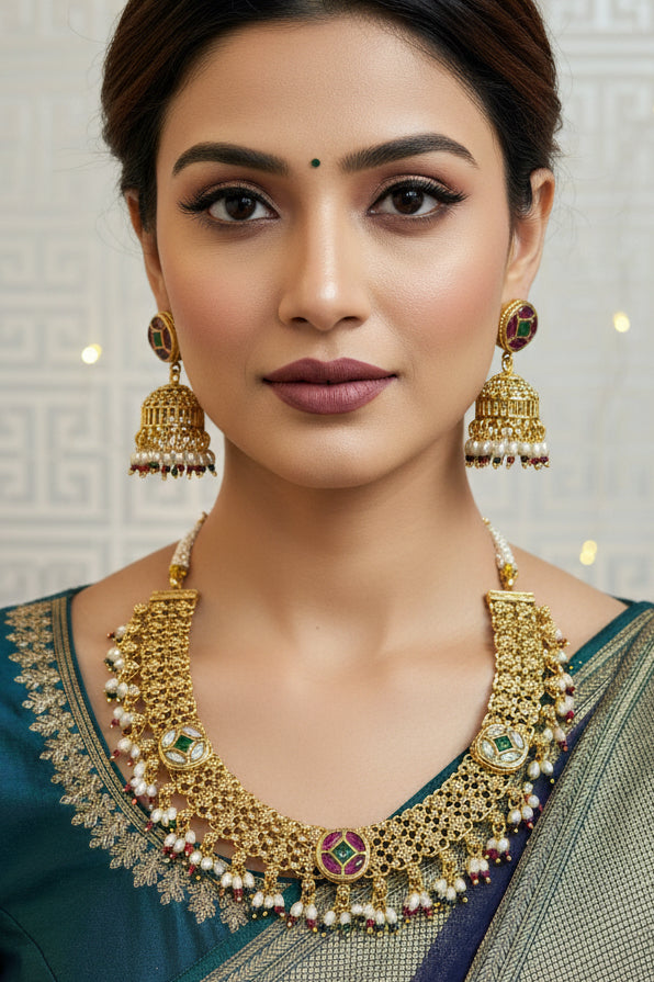 Gold polished necklace set by Kurti Connection USA