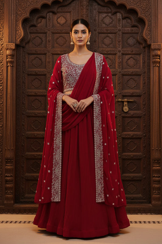 Dark pink lehenga Choli set with jacket and pre stitched dupatta by Kurti Connection USA