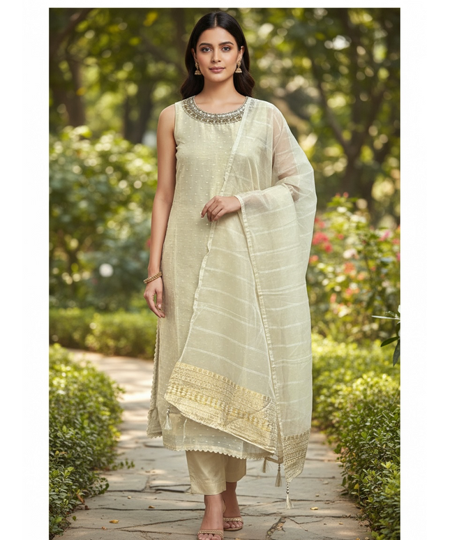 Light gold tissue silk kurti set