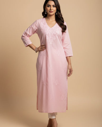 Light pink cotton chikankari kurti with ombré effect