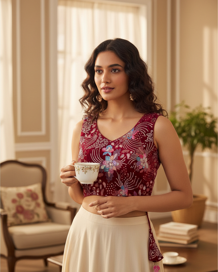Red velvet blouse with embroidery work
