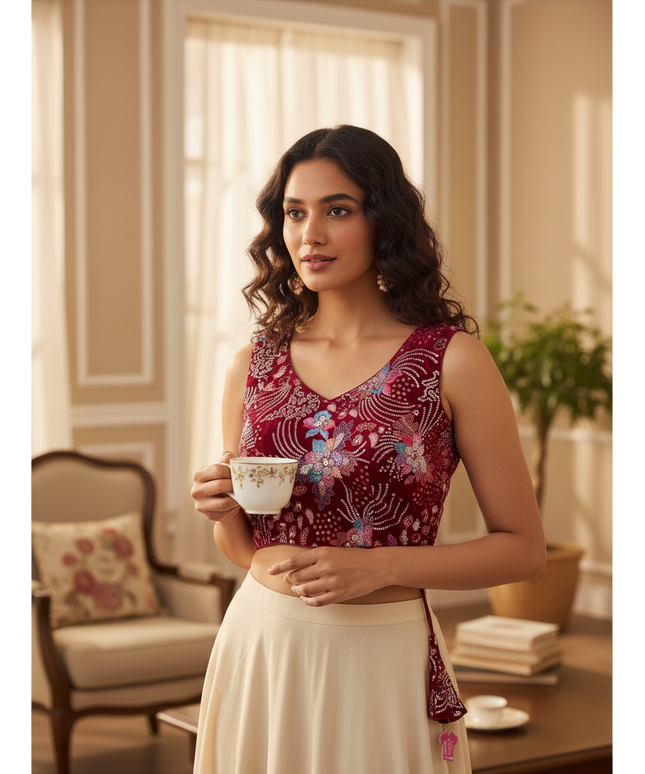 Red velvet blouse with embroidery work