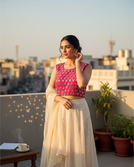 Dark pink blouse with mirror work