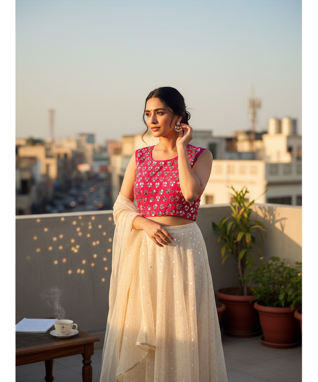 Dark pink blouse with mirror work