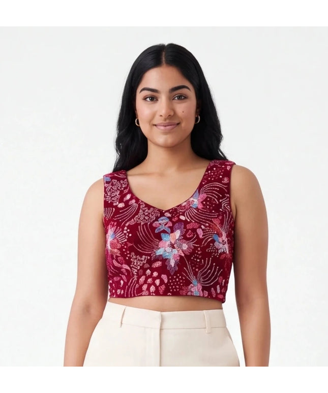 Red velvet blouse with embroidery work : Garba