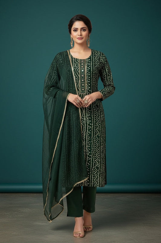 House Of Indian Wedding Attire emerald green silk Bandhani kurti set with white dots and gold embellishments.