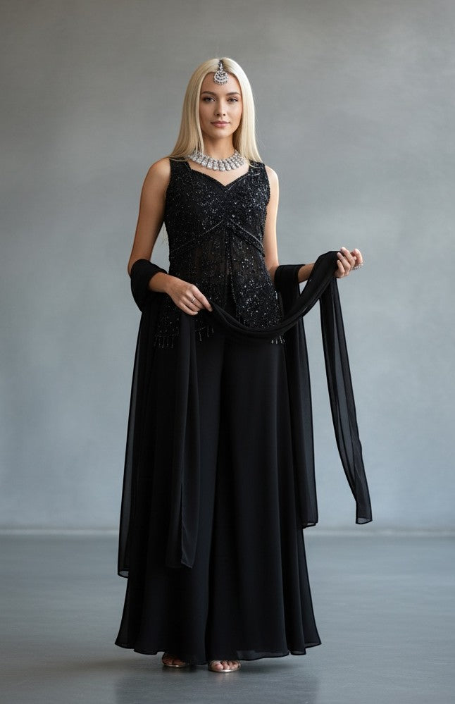 House Of Indian Wedding Attire black sleeveless V-neck palazzo suit with intricate beadwork and sequins, matching sheer dupatta.