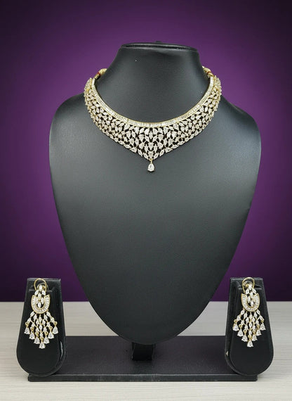 House Of Indian Wedding Attire gold-toned choker necklace and dangling earrings set with clear cubic zirconia stones.