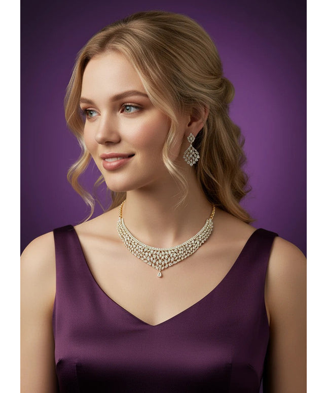 House Of Indian Wedding Attire gold-toned choker necklace and drop earrings set with clear cubic zirconia stones.