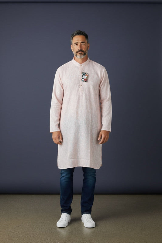 House Of Indian Wedding Attire light pink polyester kurta for men with a mandarin collar and decorative chest detail.
